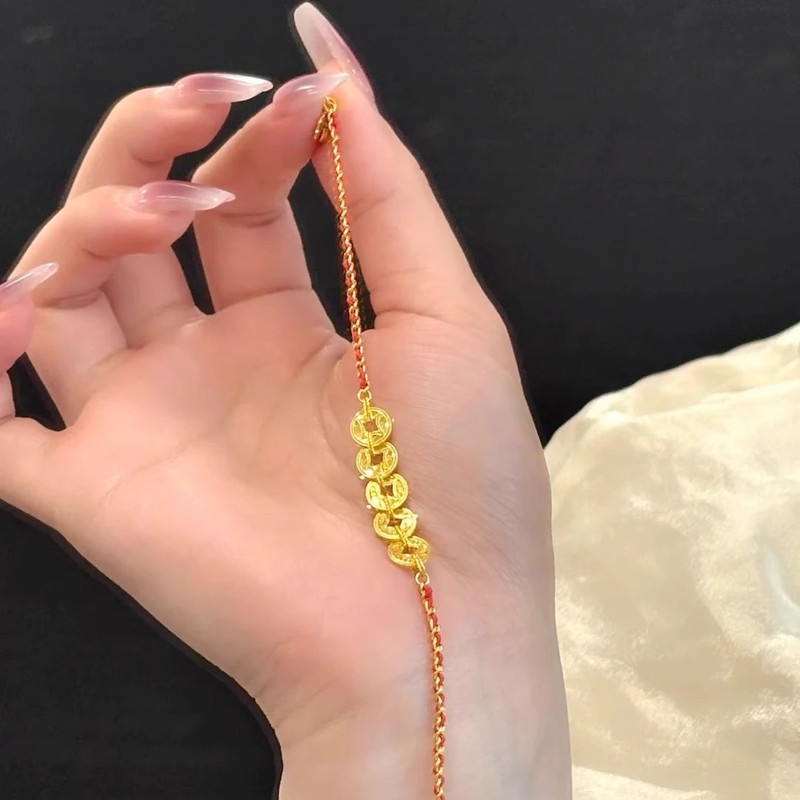金色新中式碎碎冰五帝钱红绳手链女招财轻奢小众精致编织手绳国风|undefined