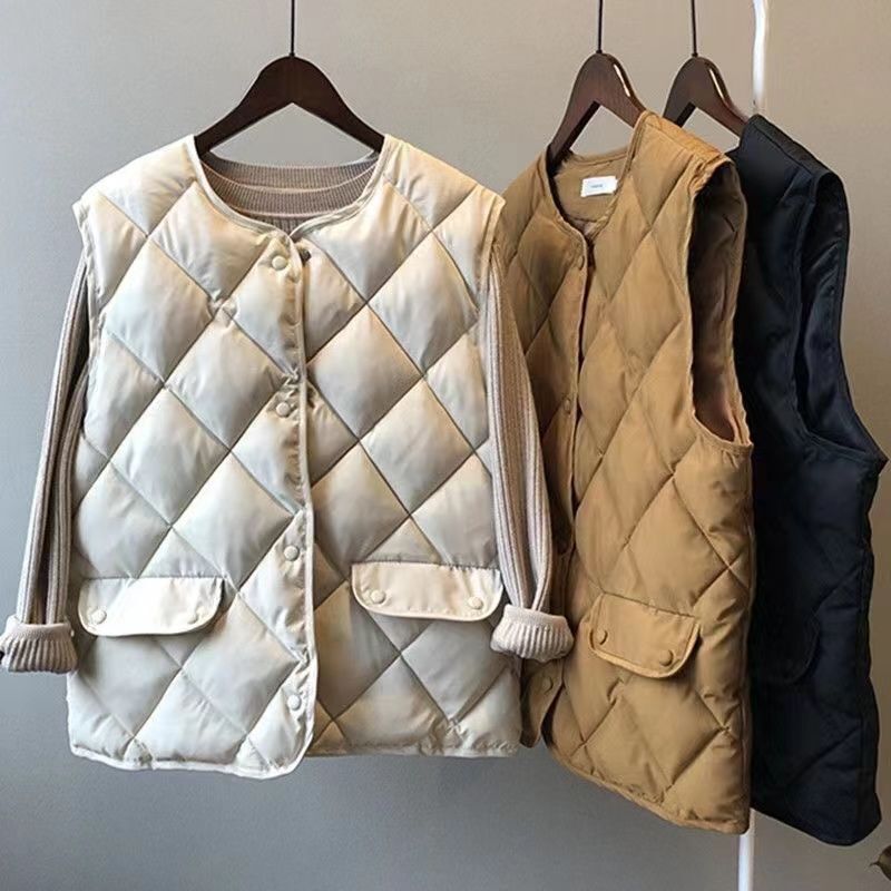 Autumn and Winter Short Cotton Vest Women's Vest Vest Rhombus Quilted Jacket Outer Wear Korean Style Loose Vest Jacket