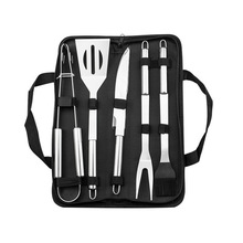 亚马逊小管柄5件套烤具五件套不锈钢烧烤工具套装布袋组合户外BBQ
