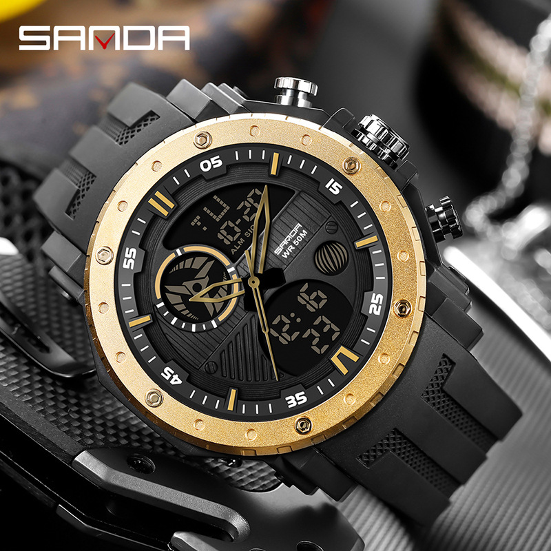 Sanda Moda marca deportes reloj de los hombres multi-funcional fresco doble pantalla al aire libre impermeable luminoso reloj electrónico
