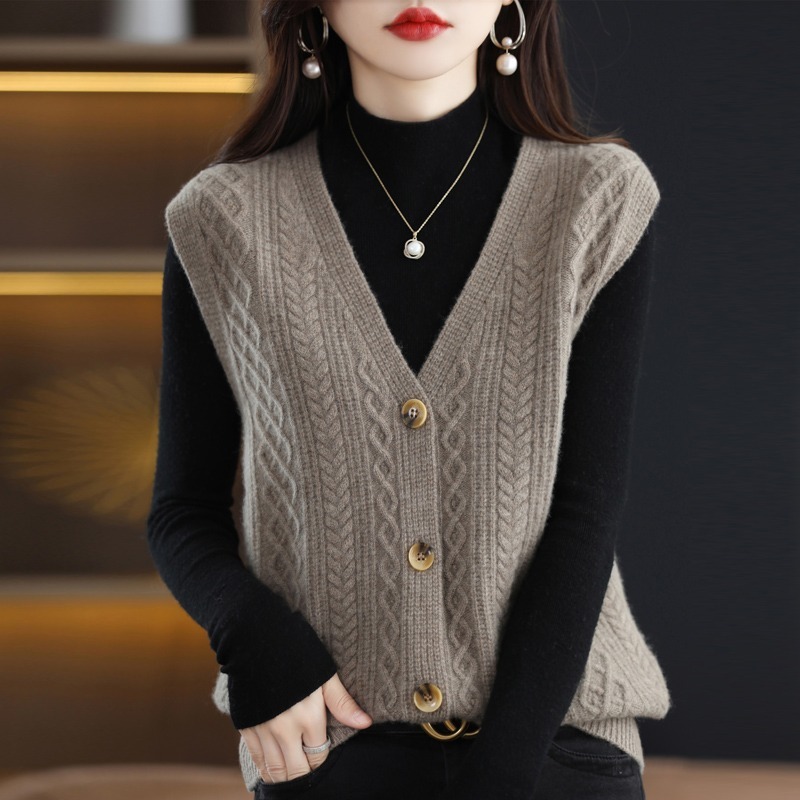 Primavera y otoño 2024 nuevo giro de punto Chaleco de las mujeres de la Rebeca con cuello en V Chaleco de estilo occidental chaleco