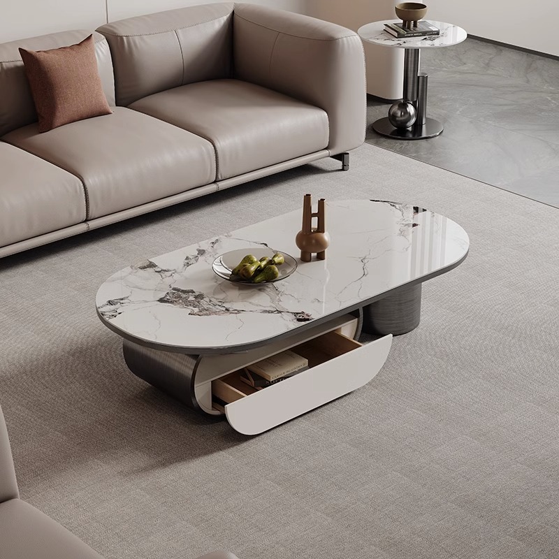 Mesa de té de placa de roca ovalada de lujo de estilo italiano moderna minimalista con cajón creativo apartamento grande y pequeño sala de estar mesa de té en casa