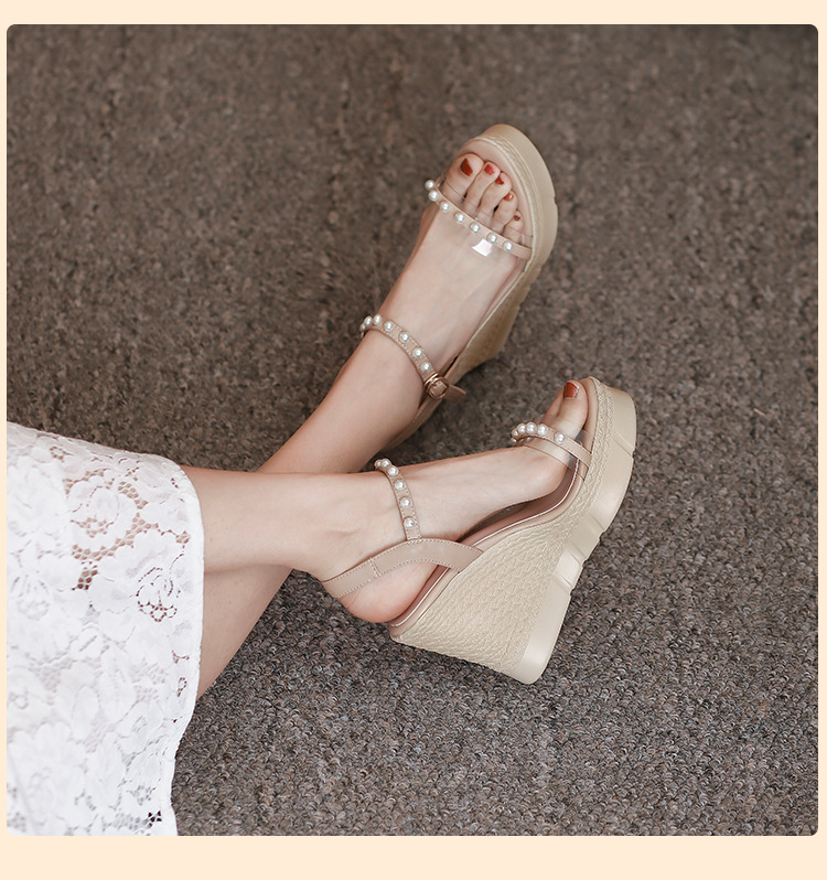 Sandal cao gót nữ hở mũi quai ngang đính ngọc trai, đế xuồng dày dáng La Mã — màu trắng, màu mơ chi tiết 8