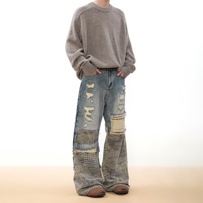 Pantaloni estivi da uomo, patchwork mimetico, denim blu, stile americano, jeans vintage lavati e resistenti, effetto invecchiato._voghion.com