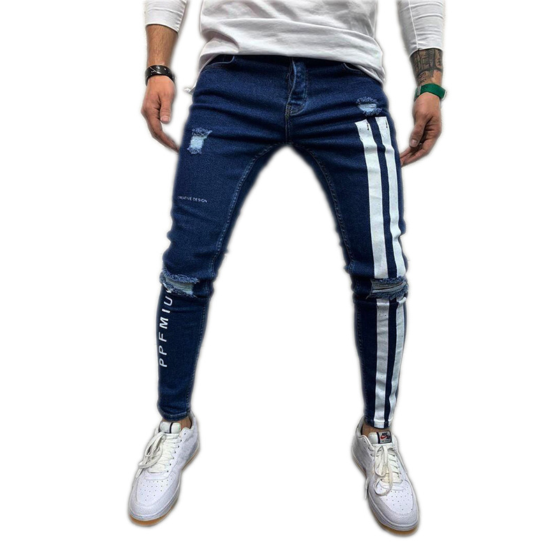 Perforerade elastiska tighta tryckta jeans för män herr 8824_voghion.com