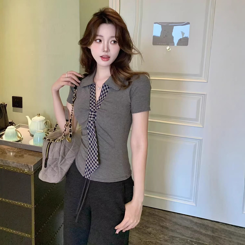 Unique Plaid Polo Tie Design Slim-Fit Outerwear Top 2026 Summer Design Short-Sleeve Top for Women