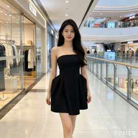 明星同款黑色条纹抹胸连衣裙女夏季韩系复古辣妹收腰A字短裙