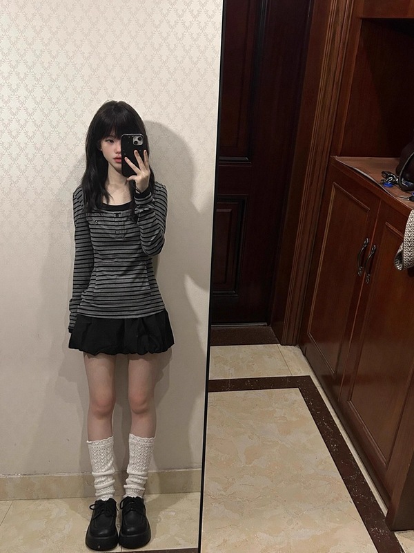 韩系假两件条纹长袖t恤女秋季新款修身显瘦辣妹挂脖打底衫上衣潮|undefined