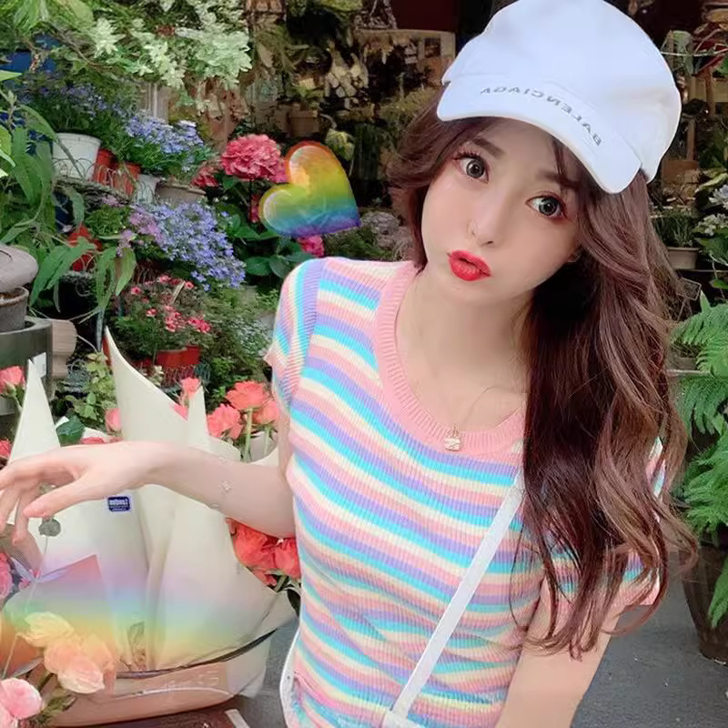 Comfortable Summer New Fashion Cute Color-Block Striped Short Knit Top Slim Fit Pullover Short-Sleeve Top for Women Comfortable Summer New Fashion Cute Color-Block Striped Short Knit Top Slim Fit Pullover Short-Sleeve Top for Women