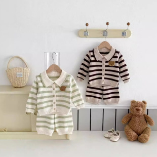 Ins Korean-style Baby Spring and Autumn Striped Knitted Sweater Cardigan Jacket Trousers Two-piece Suit for Baby Boys and Girls