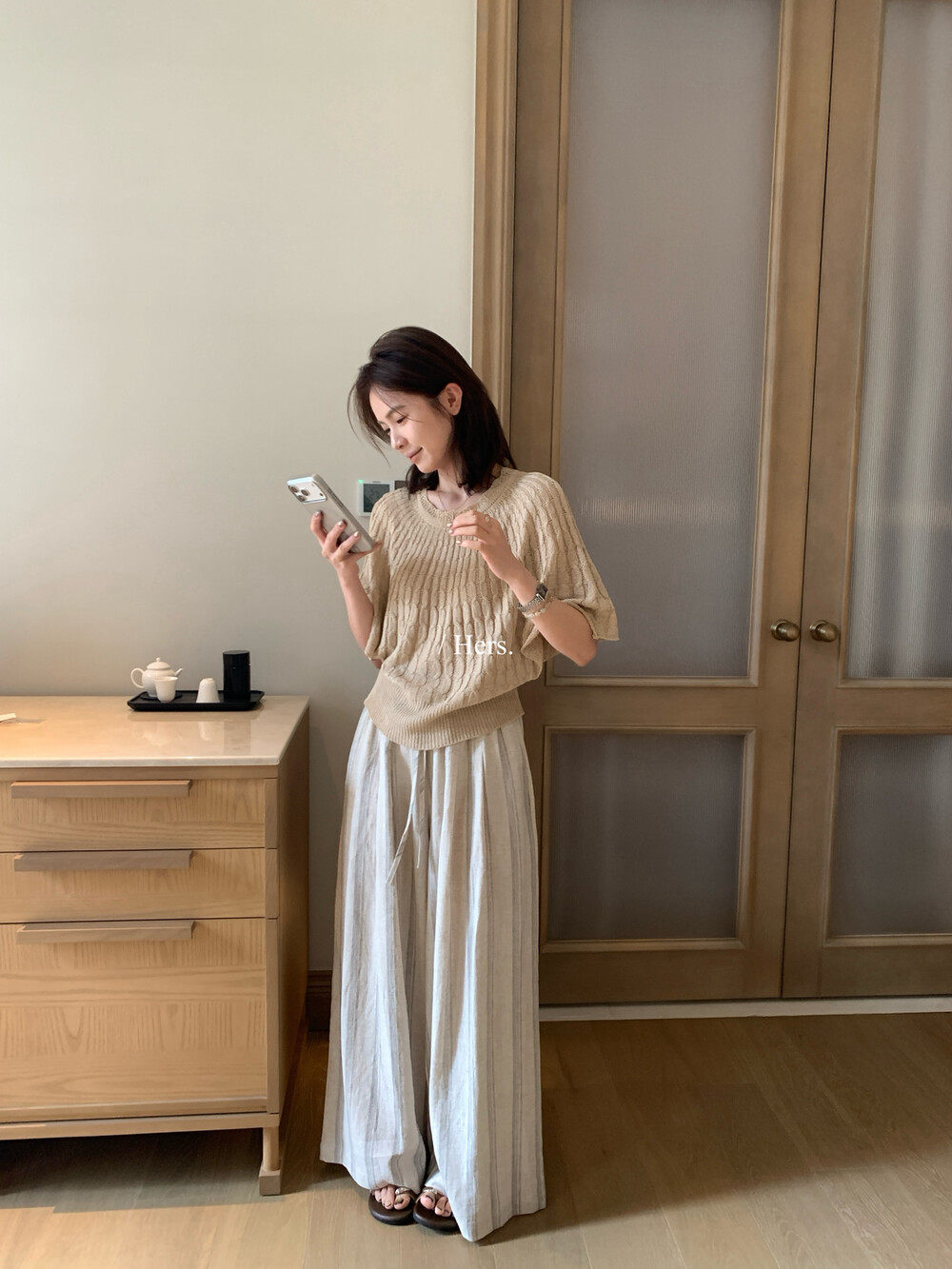Quần culottes nữ ống rộng cạp cao chun rút dây sọc kẻ chất liệu ramie mùa hè — Màu cà phê, màu mơ chi tiết 20