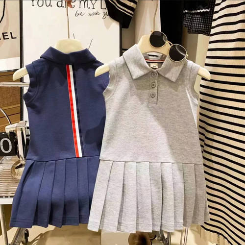 Girls' Summer 2024 New Fashion College Style Sleeveless Pleated Skirt Polo Dress Children Princess Dress Trendy