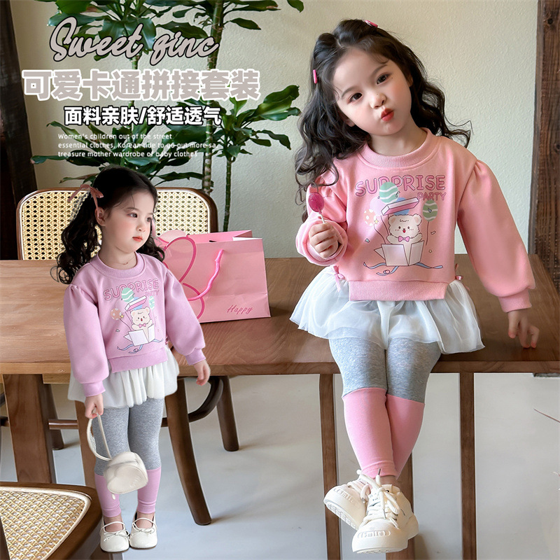 Conjunto de dos piezas para niñas sudadera y leggings falda – estilo casual primavera 2025.