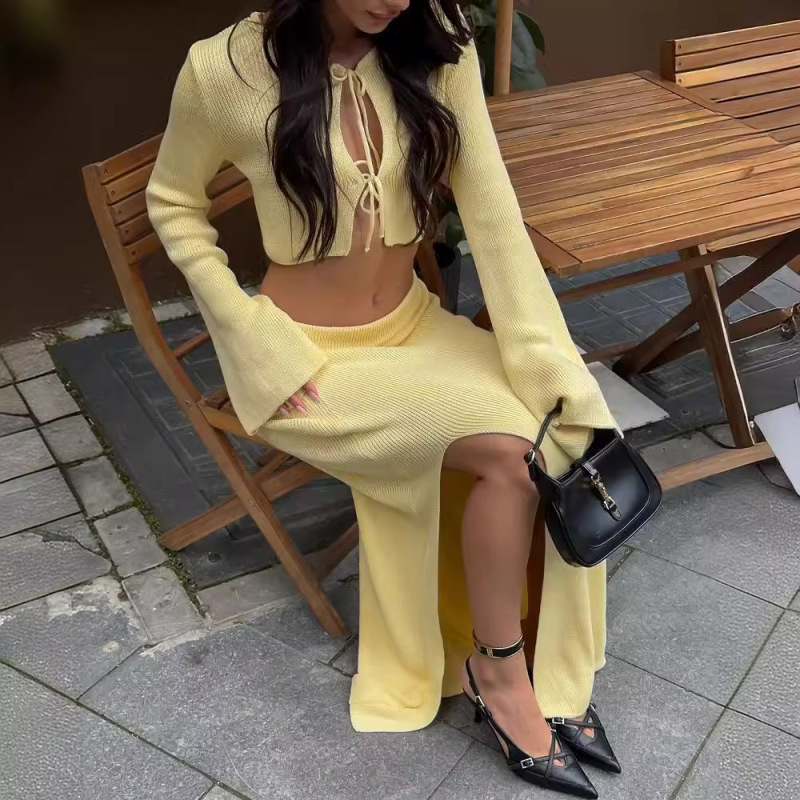 European and American Spice Girls Lazy Strap Top suit Women's Spring and Autumn Cream Yellow Elastic Skirt Knitted Two-piece Set
