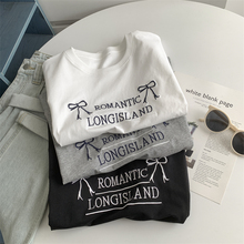 性价比批发店 蝴蝶结绣花短袖T恤女休闲纯棉夏季圆领宽松白色上衣