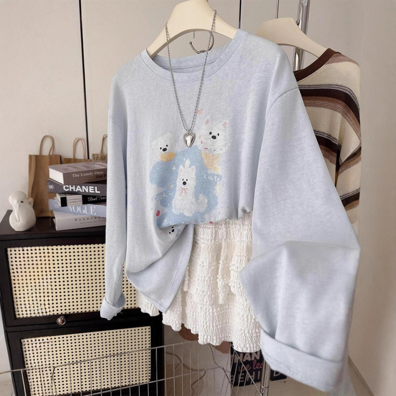 Gentle and Cute~ Early Autumn New Loose Plus-Size Women's Top Korean Style West Highland Versatile Stylish Long-Sleeve Base Shirt