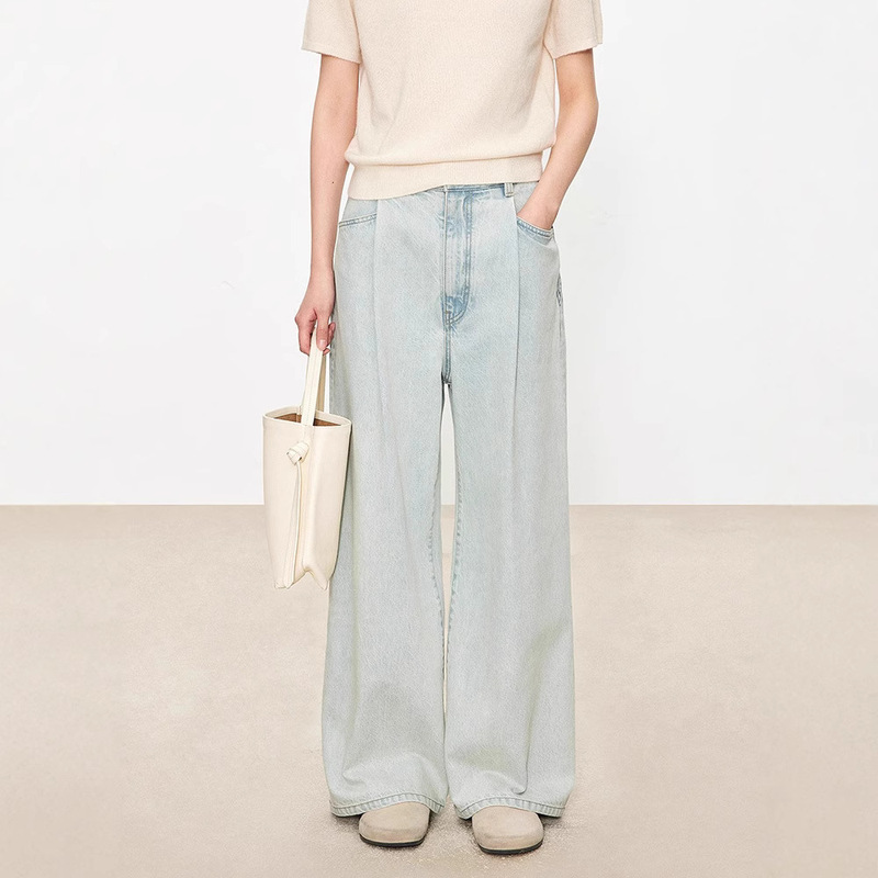 Th ~ Row Italian Denim light blue Washed Relaxed Skinny Three-dimensional Pleated Low Crotch Loose Wide Leg Pants