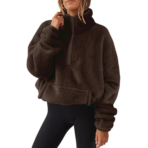 Women’s Fleece-Lined Padded Half-Zip Stand-Neck Sweater—Autumn/Winter European and American Style New Arrival