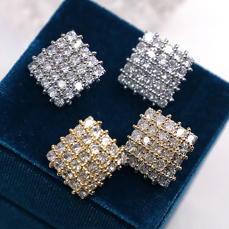 Zircon Inlay Material Square Copper Retro Shiny Earrings Ear Studs