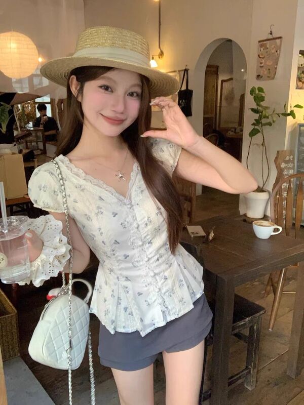 フレンチレース花柄パフ半袖シャツ女性のための 2025 新しい夏スリムユニークな美しいシャツトップ|undefined