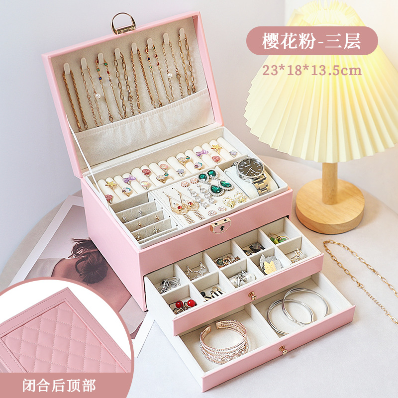 Caja de joyería de lujo ligera de té, pernos multicapa de gran capacidad con cerradura, caja de joyería, joyería de auriculares, almacenamiento de joyería tipo cajón image 12