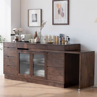 Nordic black walnut wood solid wood sideboard cabinet dining table integrated small apartment retractable folding rotatable dining table and chair set