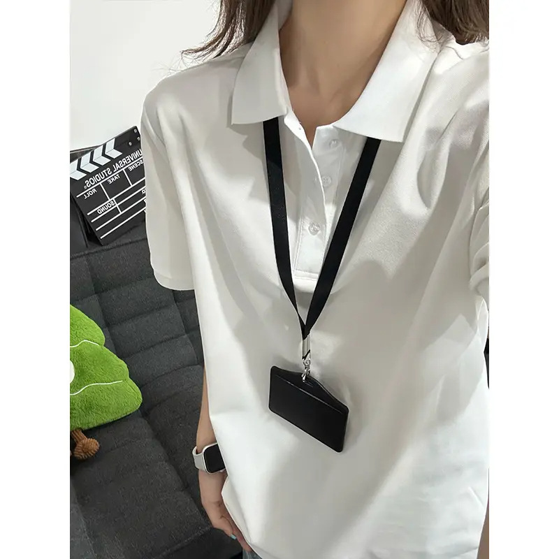 White Right Shoulder Polo Shirt Short-Sleeved Women's Summer High-End Loose Lapel T-Shirt Pure Color Basic Couple Half-Sleeved White Right Shoulder Polo Shirt Short-Sleeved Women's Summer High-End Loose Lapel T-Shirt Pure Color Basic Couple Half-Sleeved