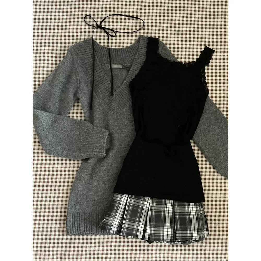 2025 новый комплект в стиле колледжа: свитер с воротником и юбка-плиссе, женский костюм для осени и зимы, профессиональная одежда