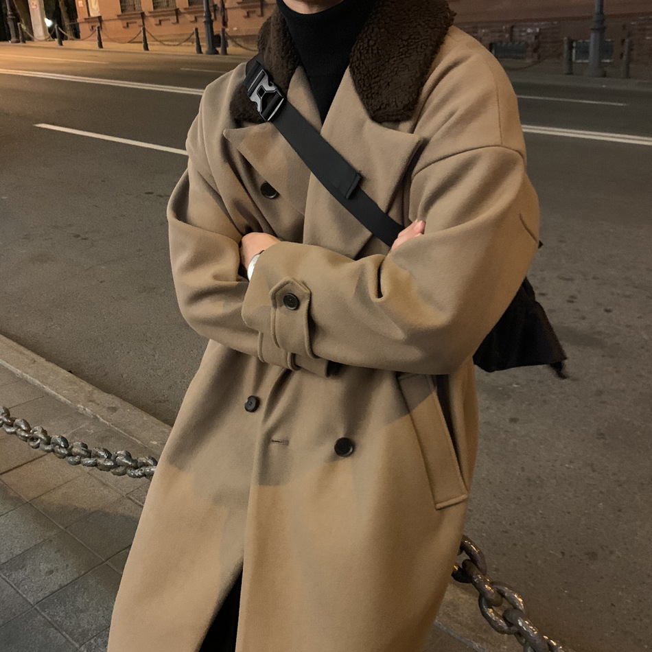 British style woolen coat men's long autumn and winter atmosphere wear khaki lamb fur collar coat shoulder trench coat