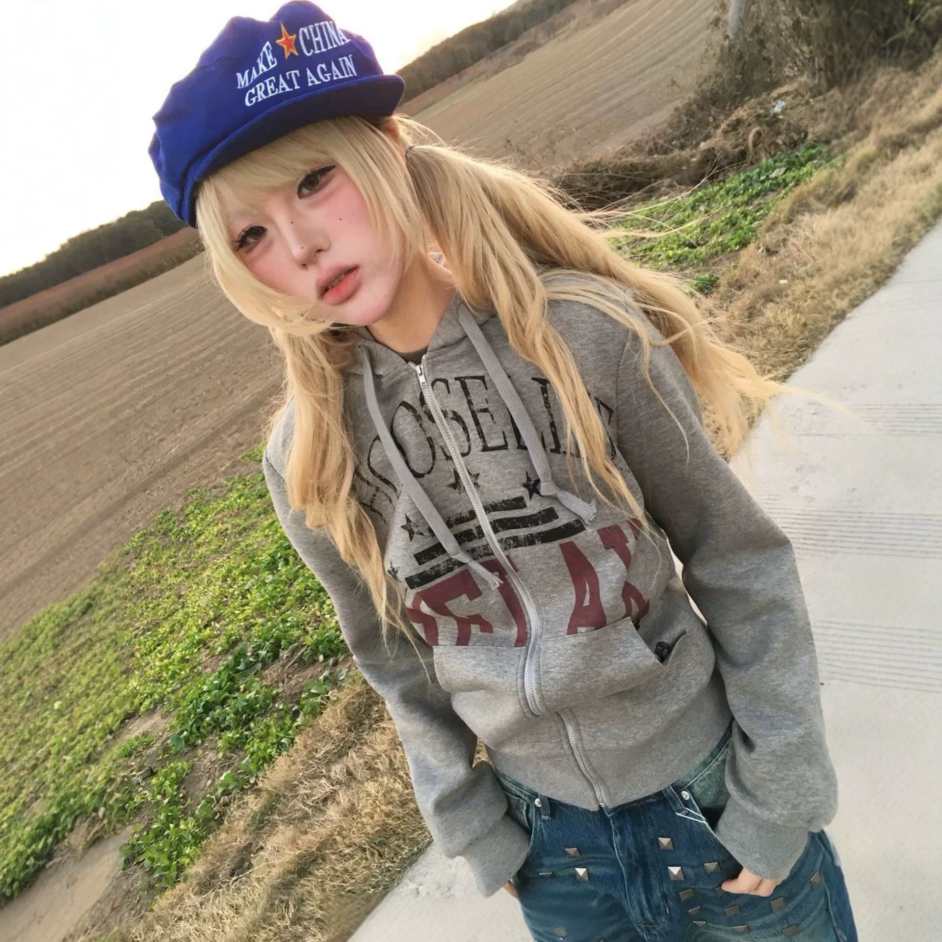 美式复古做旧花灰满印连帽开衫卫衣男秋冬季高街修身痞帅外套上衣
