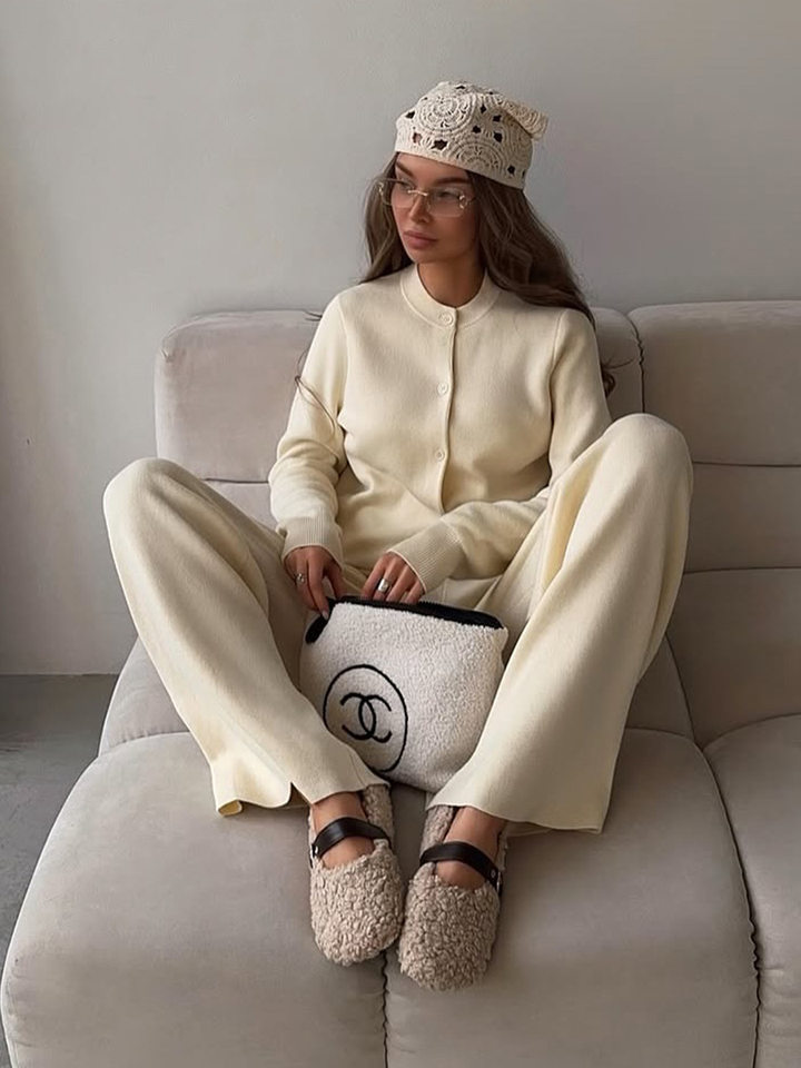 Bộ len dệt kim nữ áo cardigan tay dài quần dài màu trơn — Màu nâu, màu xám, mơ chi tiết 31
