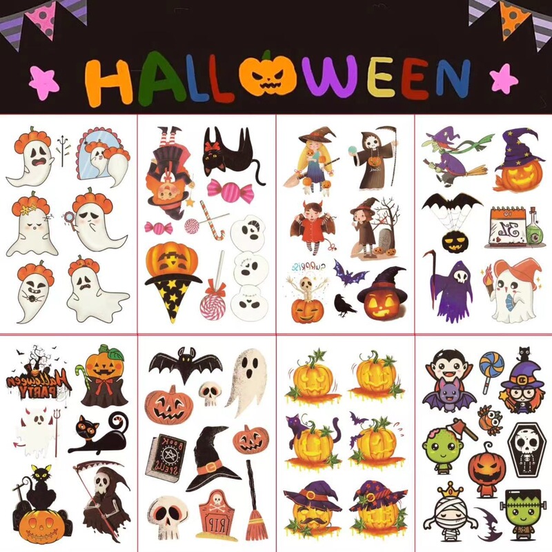 Halloween Face Stickers Children's Tattoo Stickers Boys and Girls Cartoon Simulation Pumpkin Skull Ghost Fake Scar Decoration Stickers