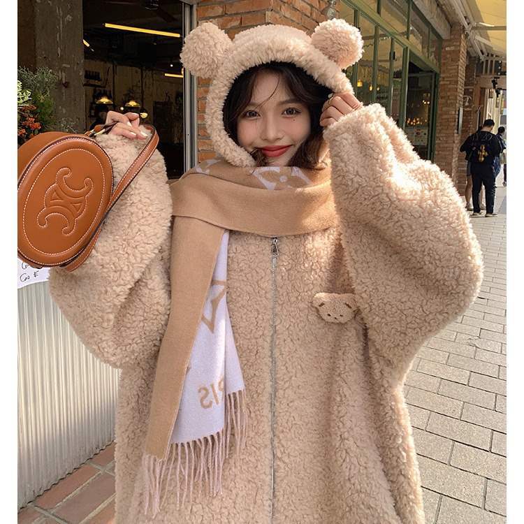 Cross-Border Bear Ear Lamb Wool Sweatshirt Women's Cardigan Zipper Autumn and Winter New Style Fluffy Lazy Style Jacket for Women