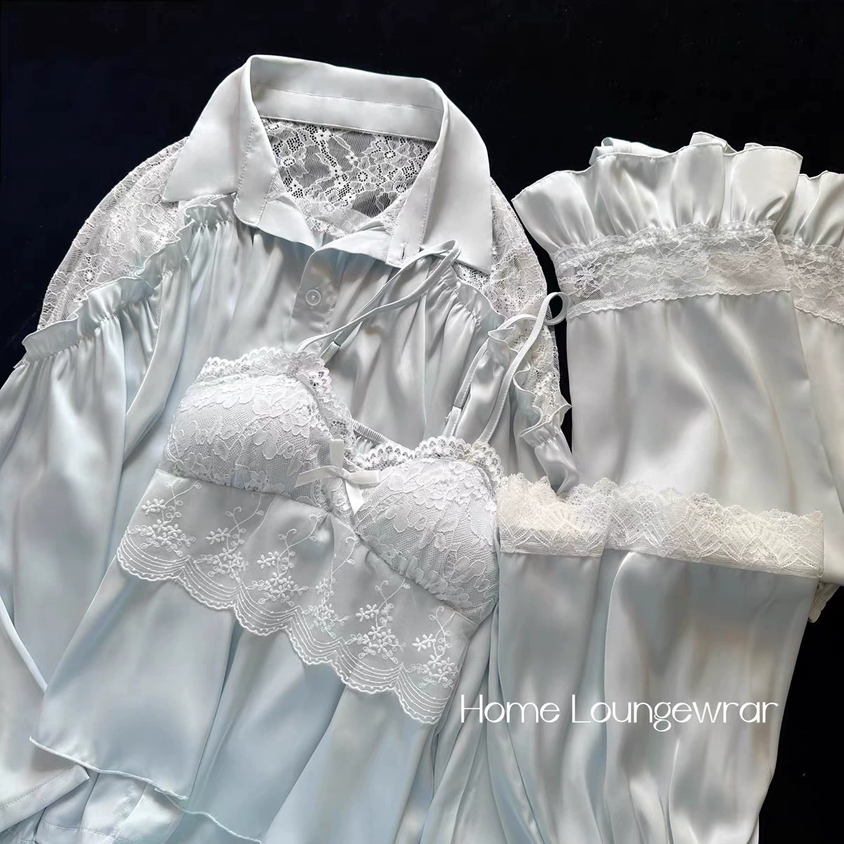 [Мокко] Пижама из ледяного шелка женская весенняя модель с длинными рукавами кружева с полыми ветровыми подвесками с нагрудными подушками