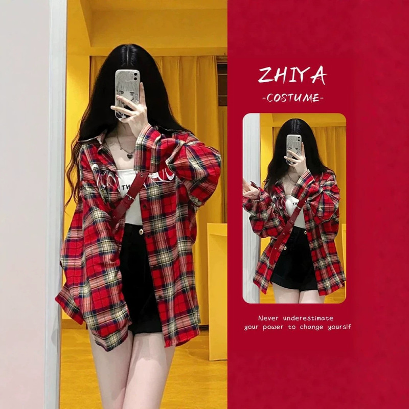 Trendy autumn and summer plaid shirt for women, versatile long-sleeved loose-fitting sun-protective shirt, women's plaid shirt Trendy autumn and summer plaid shirt for women, versatile long-sleeved loose-fitting sun-protective shirt, women's plaid shirt