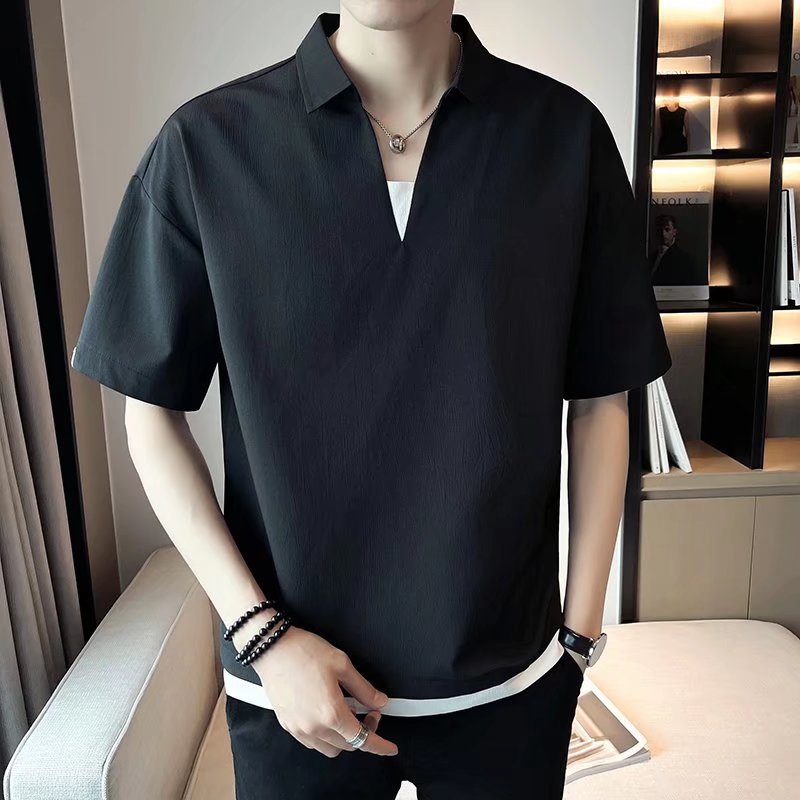 Verano británico delgado moda manga corta camisa POLO camiseta solapa hombres coreanos casual talla grande top negro