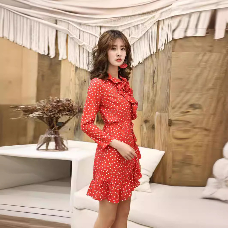Fresh and Simple Red Bottom Star Print Long Sleeve Wrap Short Ruffle Dress Pg Dvf2025 Summer New Model Fresh and Simple Red Bottom Star Print Long Sleeve Wrap Short Ruffle Dress Pg Dvf2025 Summer New Model