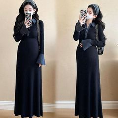 孕妇装春秋新款内搭翻领大码遮肚不显怀孕妈外穿百搭显瘦潮连衣裙