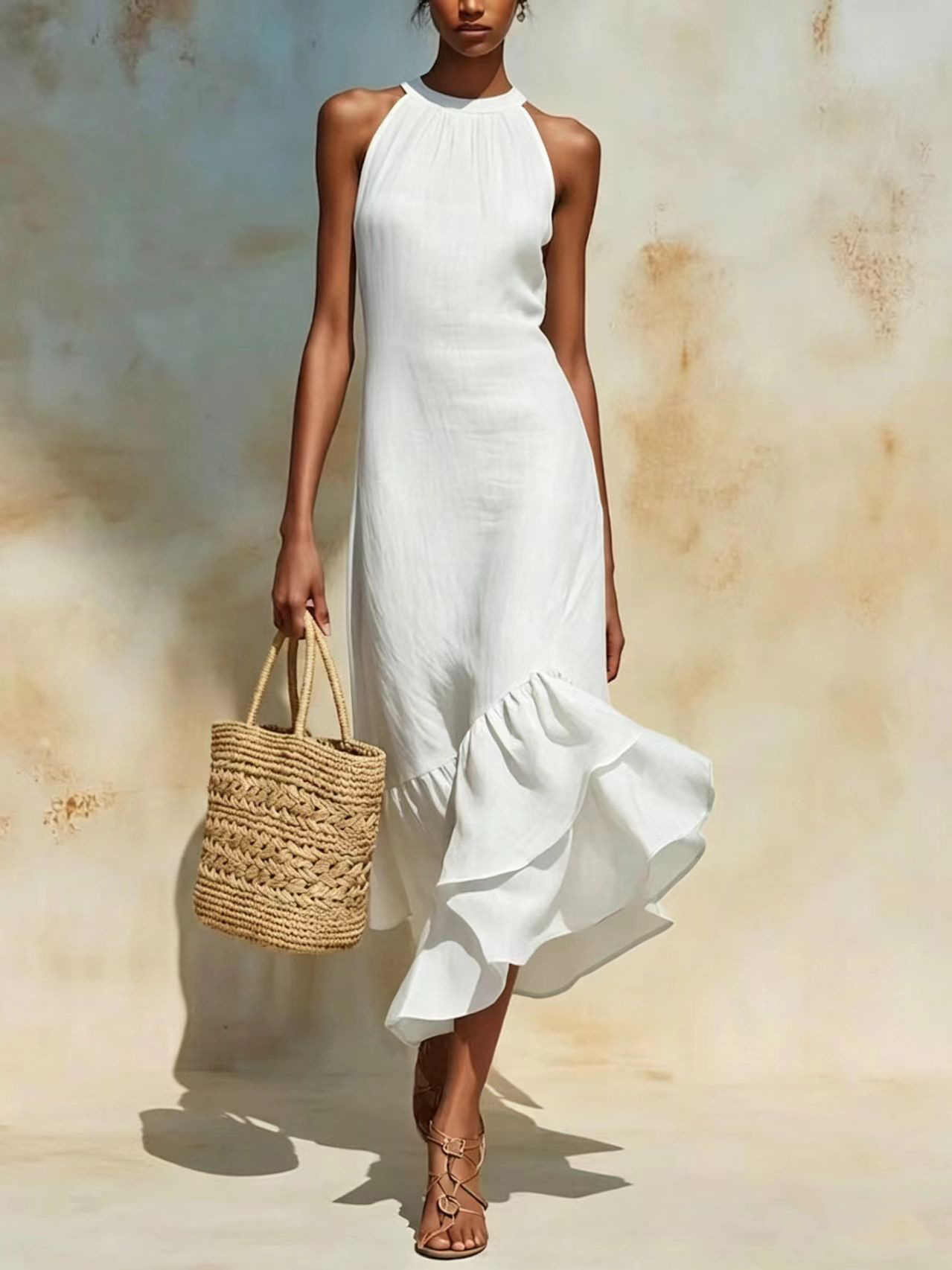 Women's Clothing Summer Women's Elegant Sleeveless Round Neck Ruffle Hem Dress Fashion Style For Formal & Casual For Women_ecoleips.com