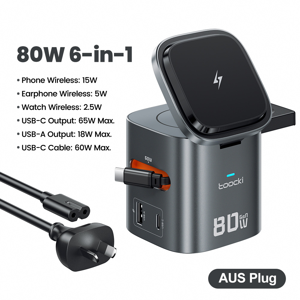Toocki Ice Edge 80W cable telescópico 3 - en - 1 cargador inalámbrico + cable de Australia gris oscuro (caja de color en inglés)