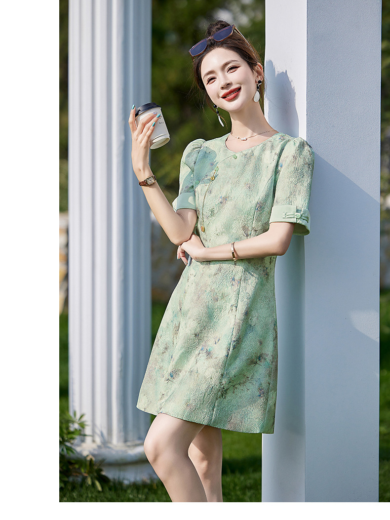 Váy sườn xám cải tiến phong cách Trung Quốc mới, thiết kế chữ A thanh lịch, mùa hè — Màu hồng, Màu xanh lá chi tiết 9