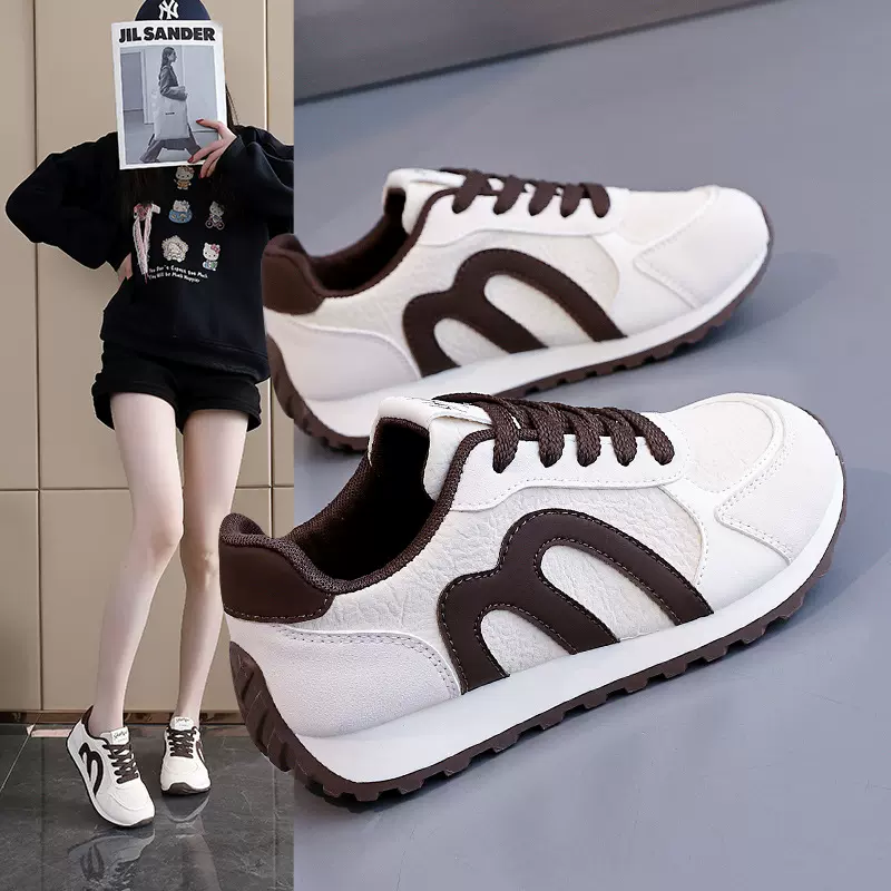 德训鞋女单鞋2026年春秋季皮面拼色休闲百搭运动板鞋女小白鞋8853