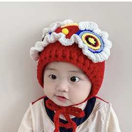 新年醒狮帽婴幼儿秋冬季中国风原创纯手工虎头帽小孩保暖毛线帽