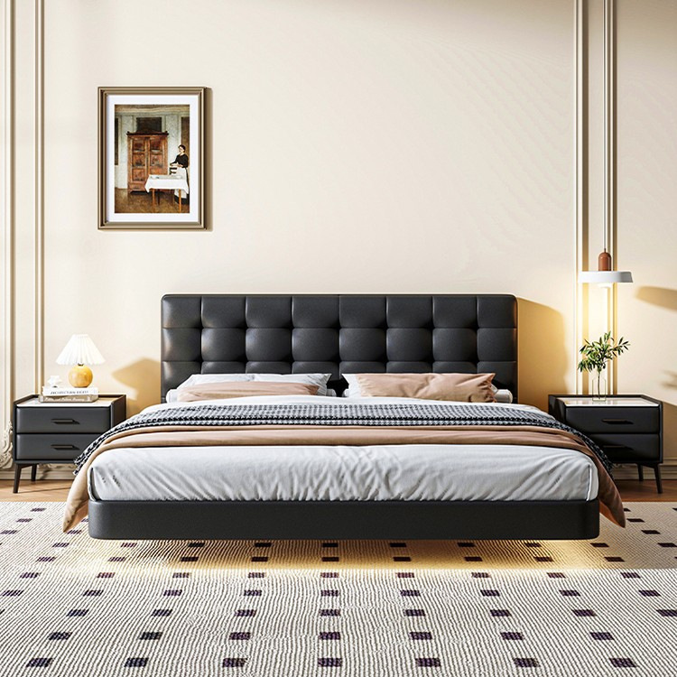 Layer 1 genuine leather floating bed, Italian light luxury minimalist master bedroom black waffle bed, modern minimalist upholstered edge bed