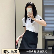 现货春夏新款 coug系辣妹单肩不对称斜肩设计吊带上衣拼色短袖T恤