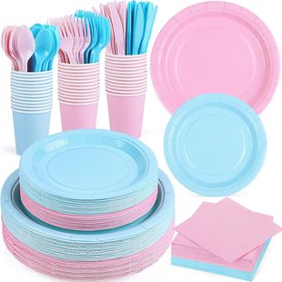 Cross-Border Amazon Best-Selling Solid Color Party Supplies Disposable Tableware Set Paper Cups Paper Towels Disposable Paper Plates