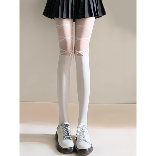 Japanese-style milky white pure desire splicing false leg butterfly bow cross strap black and white silk pantyhose for girls