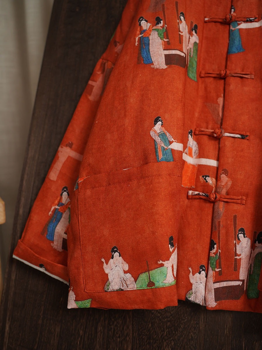 2025年冬モデル 橙色の侍女風リネンプリント綿入れジャケット 中華風立襟レトロボタン綿入れコート 333001