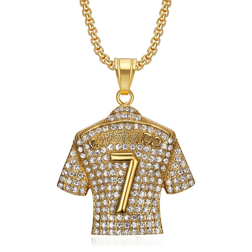 European and American style hip-hop Hiphop jewelry titanium steel gold-plated diamond-studded Cristiano Ronaldo No.7 jersey pendant necklace