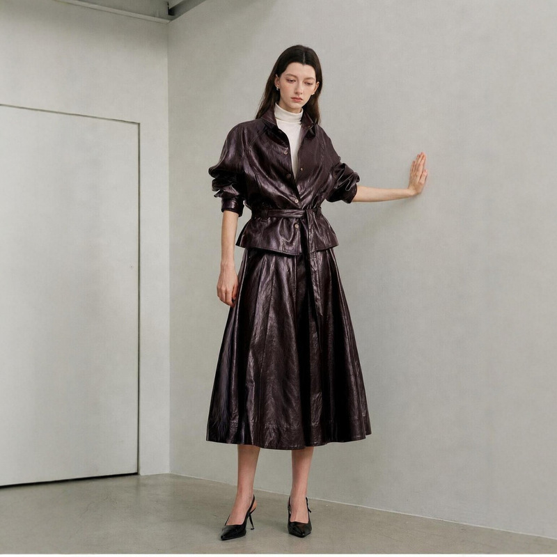 Modern style retro strong-woman temperament PU leather jacket with a large hem PU leather umbrella skirt in vintage red for women Modern style retro strong-woman temperament PU leather jacket with a large hem PU leather umbrella skirt in vintage red for women
